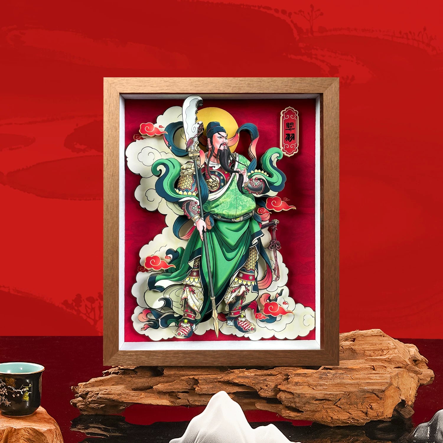Guan Yu Door Guardian Paper-Cut Wall Art – Framed Eastern Heritage Entryway Decor
