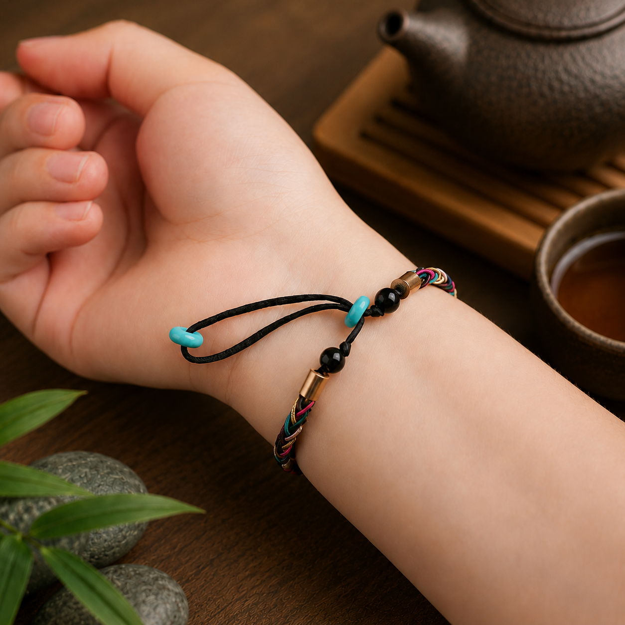 Handwoven Dragon Knot Faux Turquoise Bracelet – Adjustable Eastern-Inspired Lucky Cord Jewelry