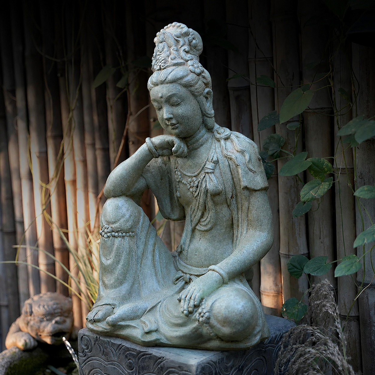 Grounded Serenity: 18.9-Inch Heavy Solid Stone Water Moon Guanyin Statue