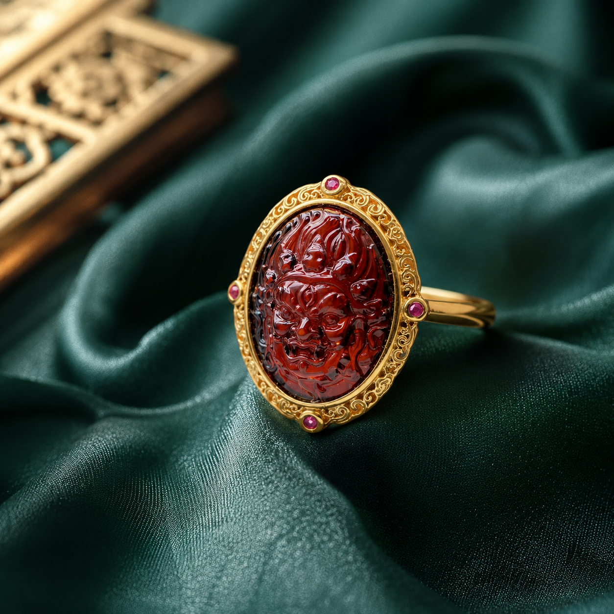 Mahakala-Inspired Natural Blood Amber Ring – S925 Sterling Silver Adjustable Ring
