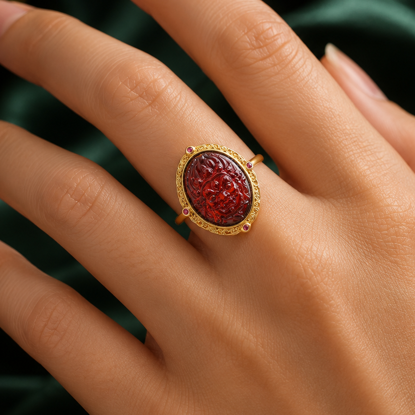 Mahakala-Inspired Natural Blood Amber Ring – S925 Sterling Silver Adjustable Ring
