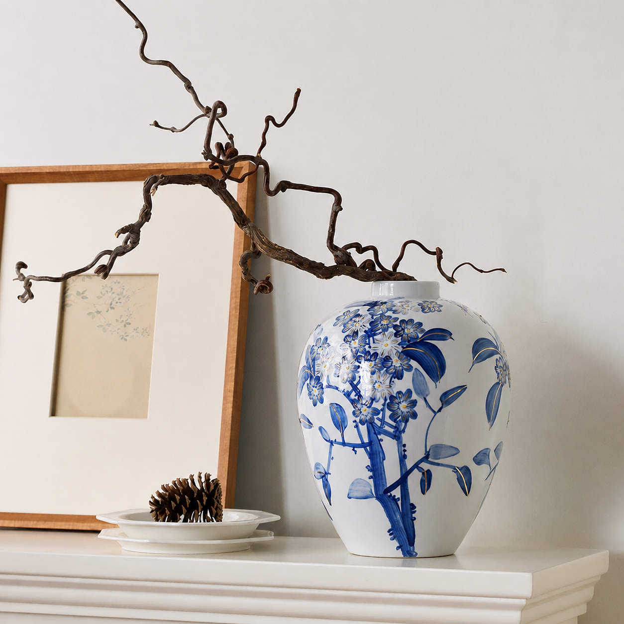 Blue & White Ceramic Vase – Modern Song-Inspired Eastern Floral Vase for Entryway, Living Room & Hotel Decor