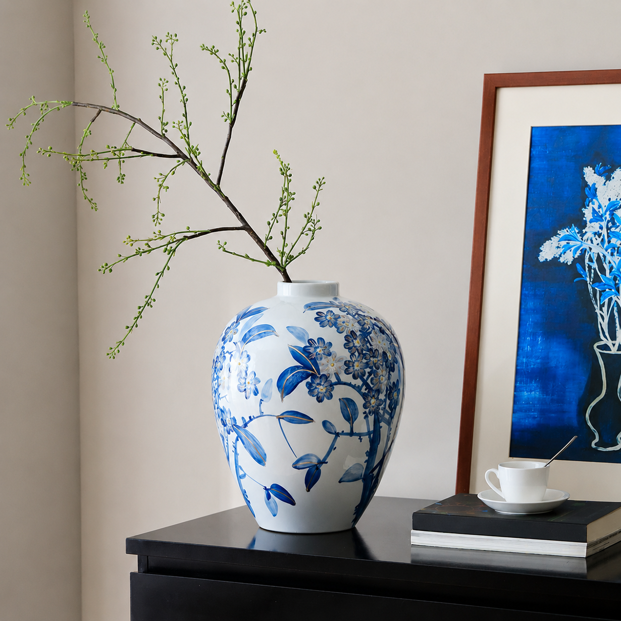 Blue & White Ceramic Vase – Modern Song-Inspired Eastern Floral Vase for Entryway, Living Room & Hotel Decor