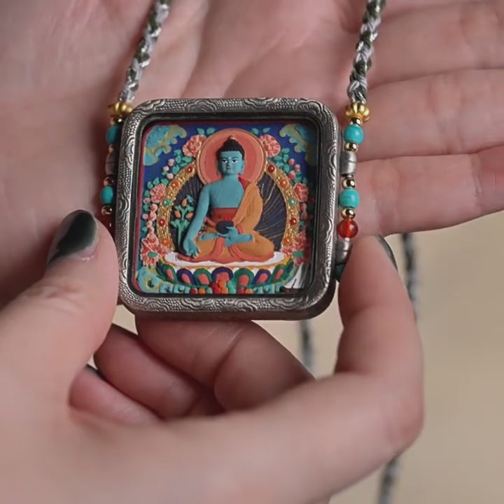 Hand-Painted Thangka Tsa Tsa Pendant – Aged White Copper Tibetan-Inspired Amulet Necklace Charm