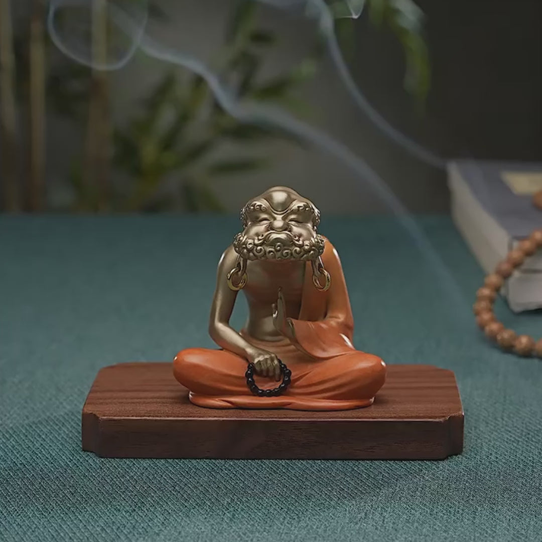 Load video: Handcrafted Brass Bodhidharma in Meditation Sculpture – Luxury Zen Decor for Home &amp; Office