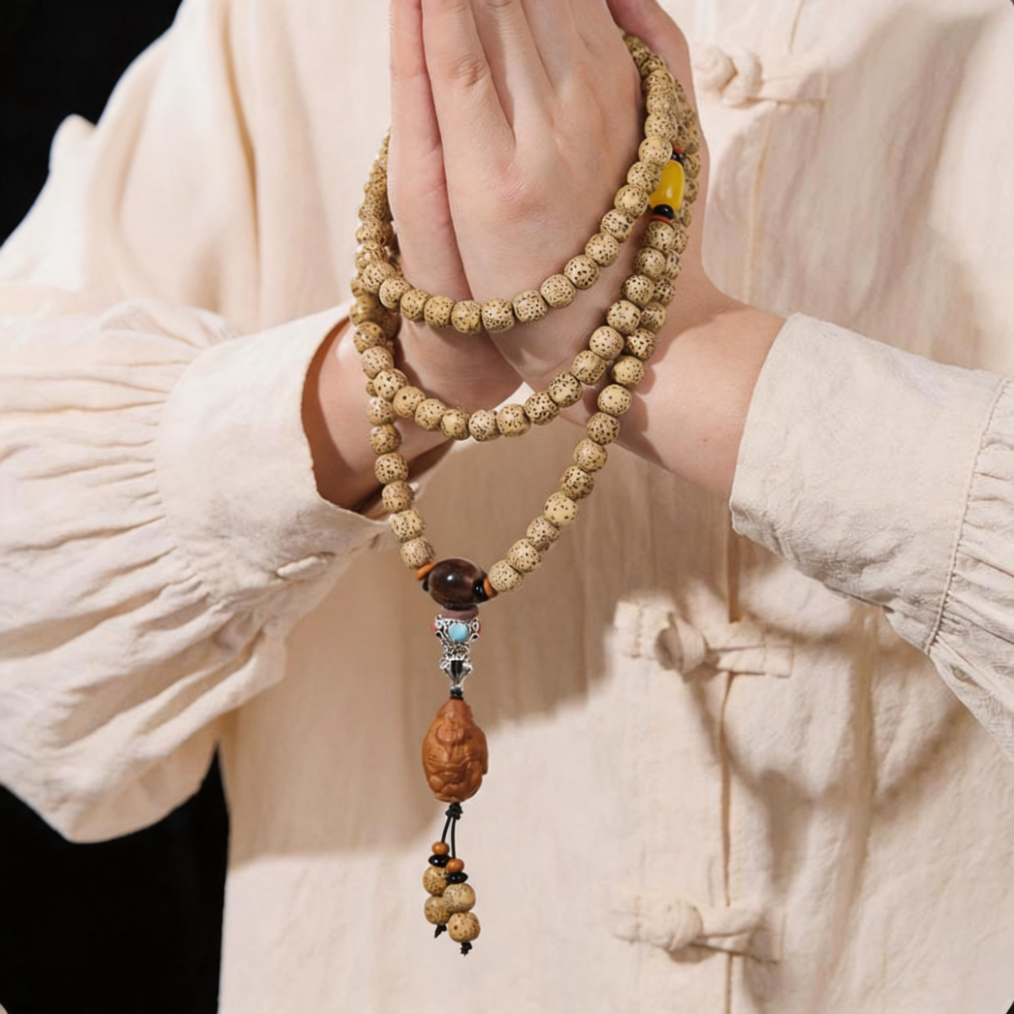 Hainan Golden Star & Moon Bodhi 108-Bead Mala Bracelet – Natural Bodhi Prayer Beads for Meditation & Mindful Wear