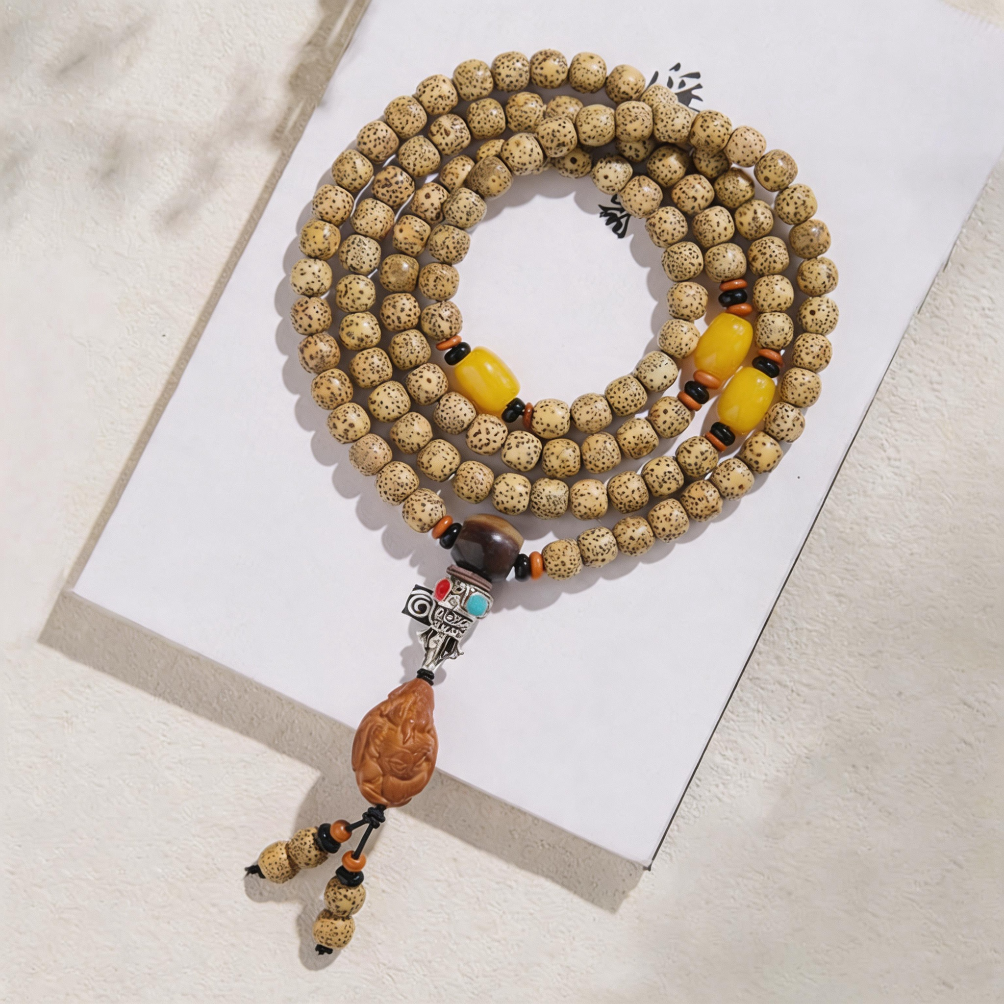 Hainan Golden Star & Moon Bodhi 108-Bead Mala Bracelet – Natural Bodhi Prayer Beads for Meditation & Mindful Wear
