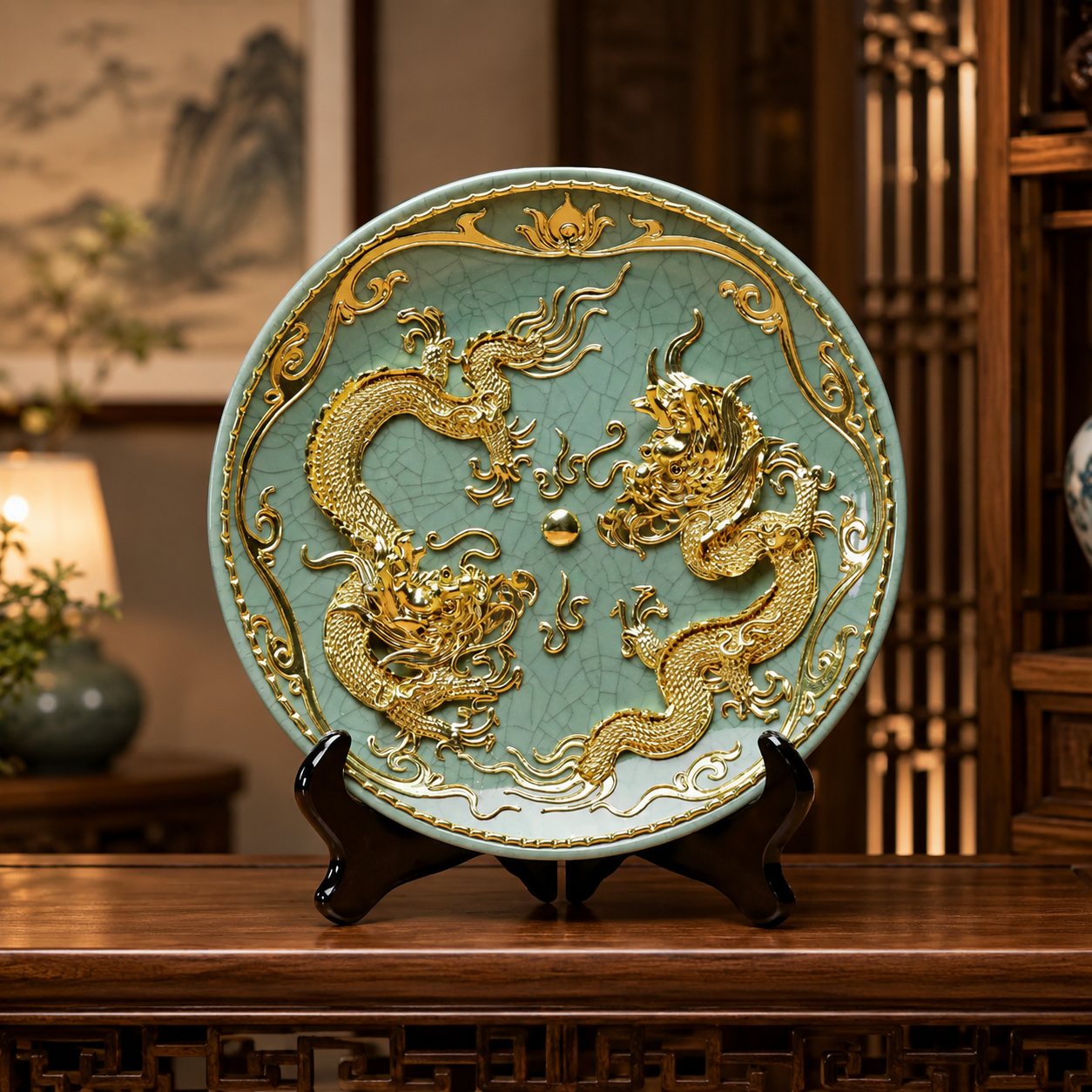 Dragon & Phoenix Relief Ceramic Display Plate – Gilded Eastern-Inspired Home Decor Ornament