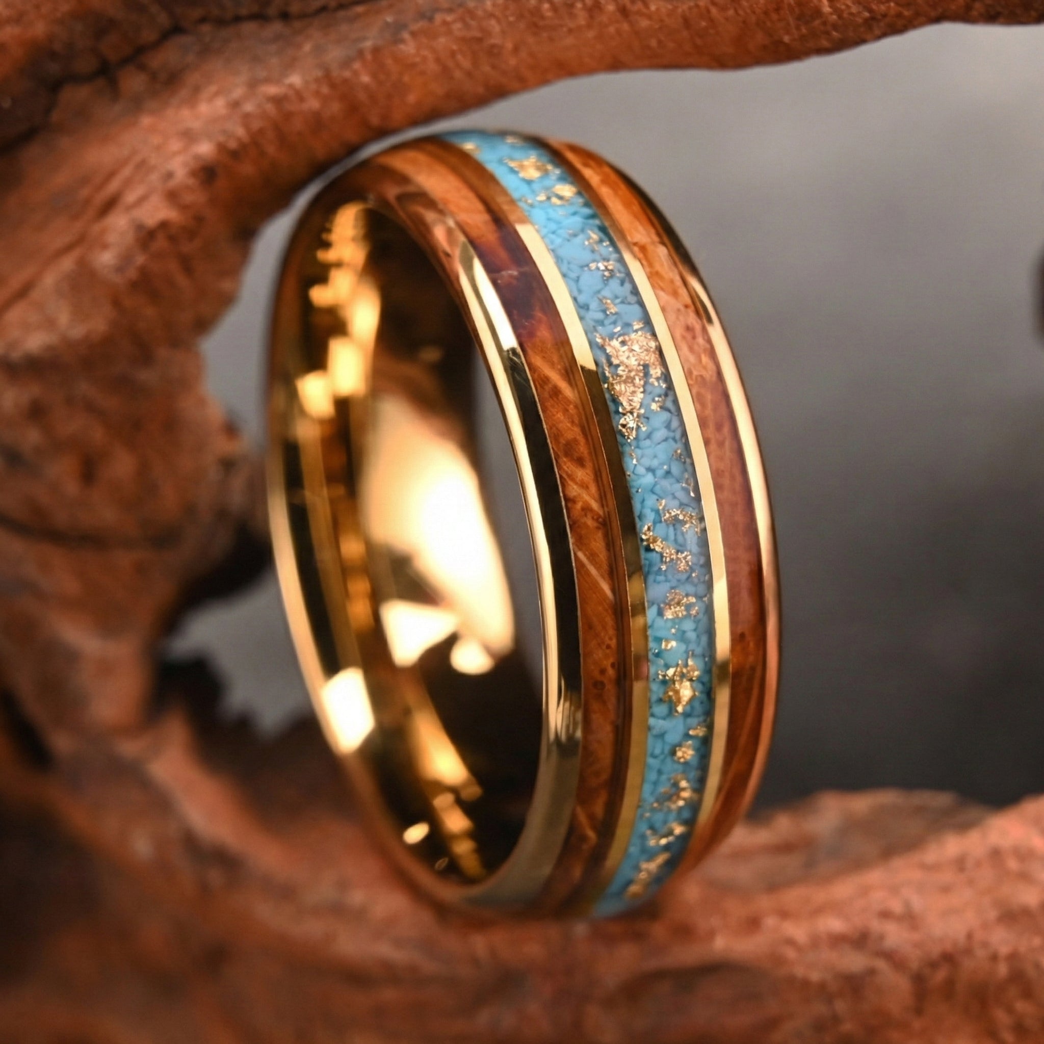 Gold Tungsten Ring with Turquoise & Gold Foil Inlay | 8mm Domed Arc Band, Scratch-Resistant Finish
