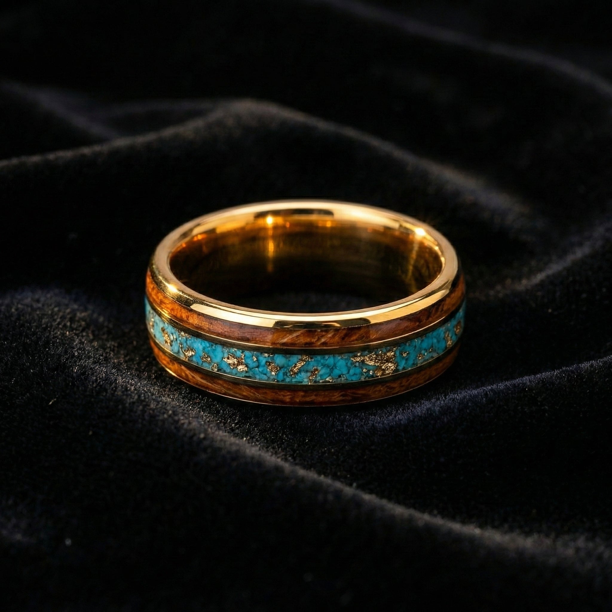 Gold Tungsten Ring with Turquoise & Gold Foil Inlay | 8mm Domed Arc Band, Scratch-Resistant Finish
