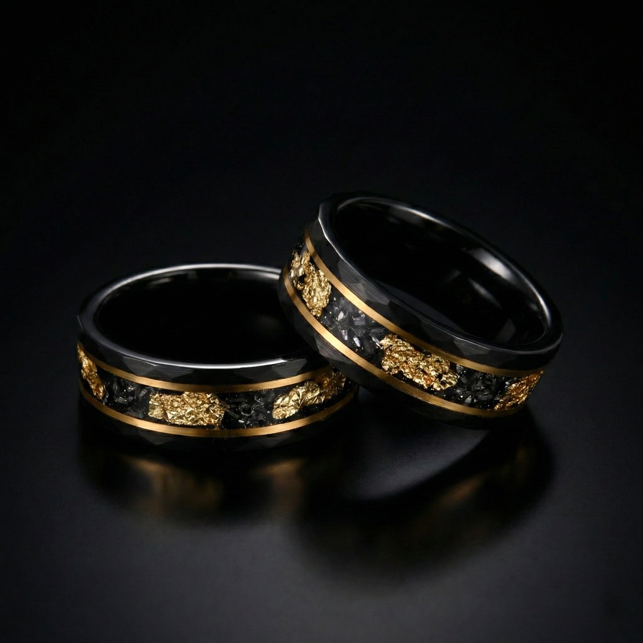 Black Tungsten Ring with Textured Dark Inlay & Gold Foil | 6mm & 8mm Hammered Flat Band