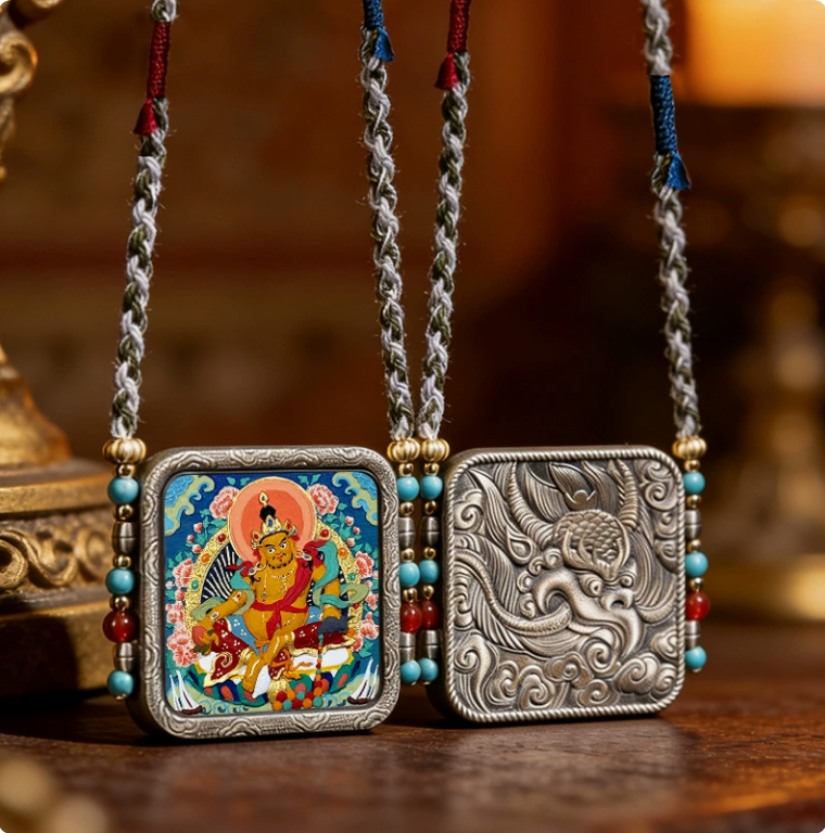 Hand-Painted Thangka Tsa Tsa Pendant – Aged White Copper Tibetan-Inspired Amulet Necklace Charm