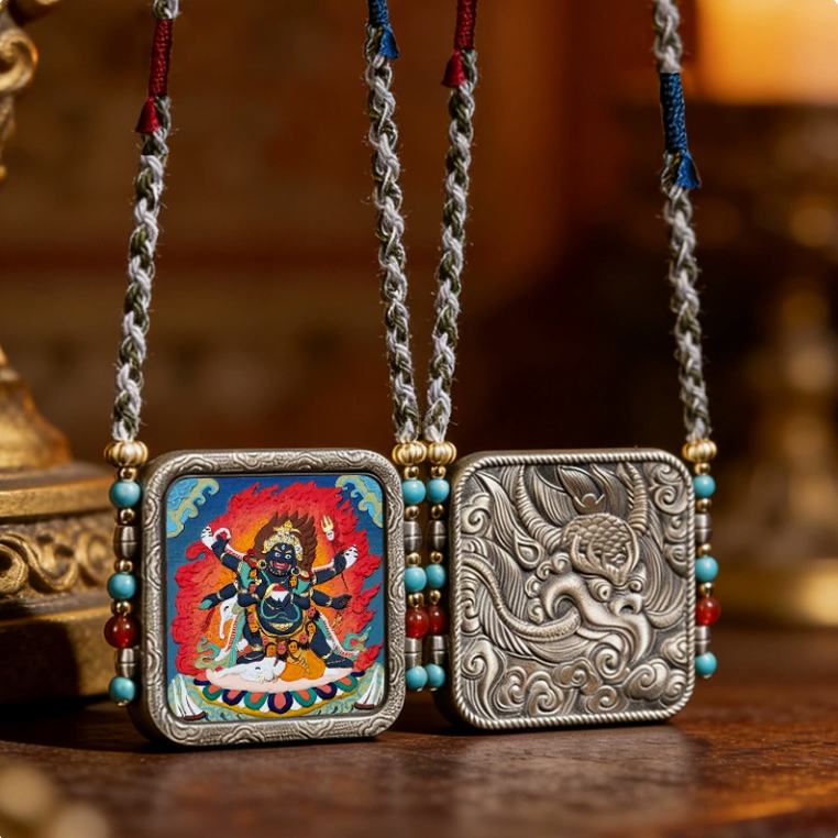 Hand-Painted Thangka Tsa Tsa Pendant – Aged White Copper Tibetan-Inspired Amulet Necklace Charm