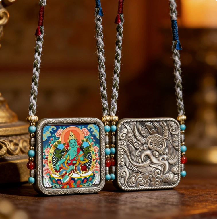 Hand-Painted Thangka Tsa Tsa Pendant – Aged White Copper Tibetan-Inspired Amulet Necklace Charm