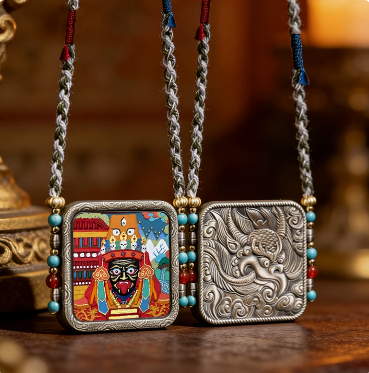 Hand-Painted Thangka Tsa Tsa Pendant – Aged White Copper Tibetan-Inspired Amulet Necklace Charm