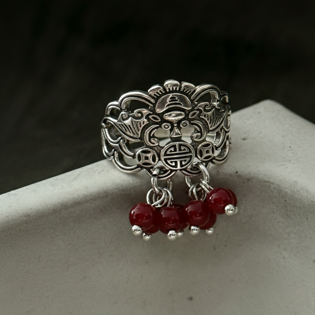 Vintage Oriental Zen Red Agate Statement Ring | Adjustable Talisman