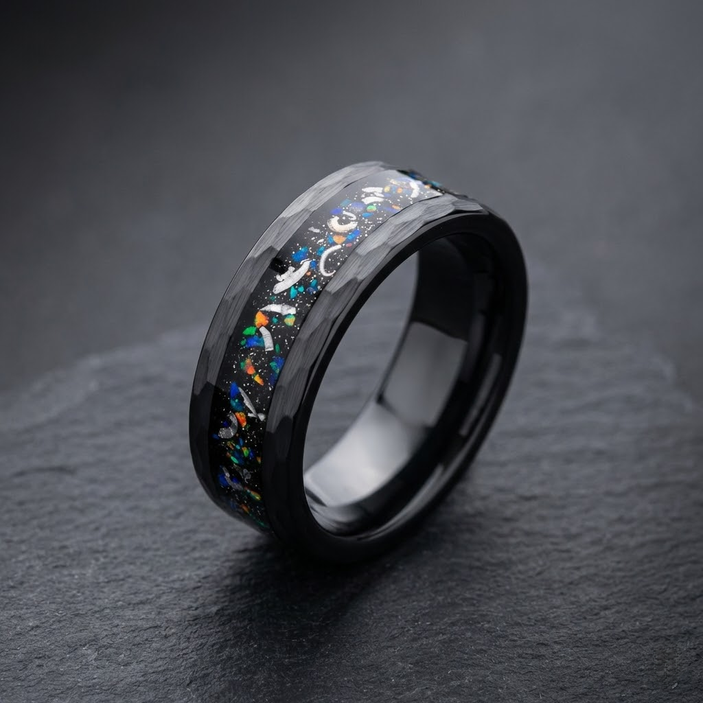 The Midnight Aura - 8mm Black Hammered Tungsten Ring with Vibrant Opal Inlay