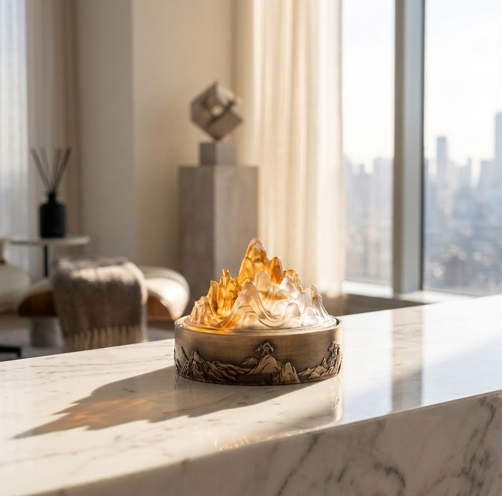 Mountain-shaped incense burner with glowing amber resin, perfect for Buddhist altar decor and mindfulness spaces
