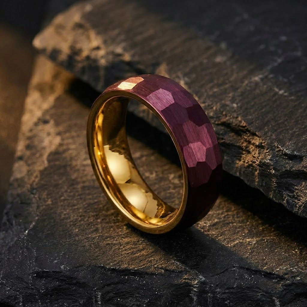 The Crimson Zenith - 6mm Red Hammered Tungsten Ring with Gold Inner Band | Minimalist Men's Statement Ring
