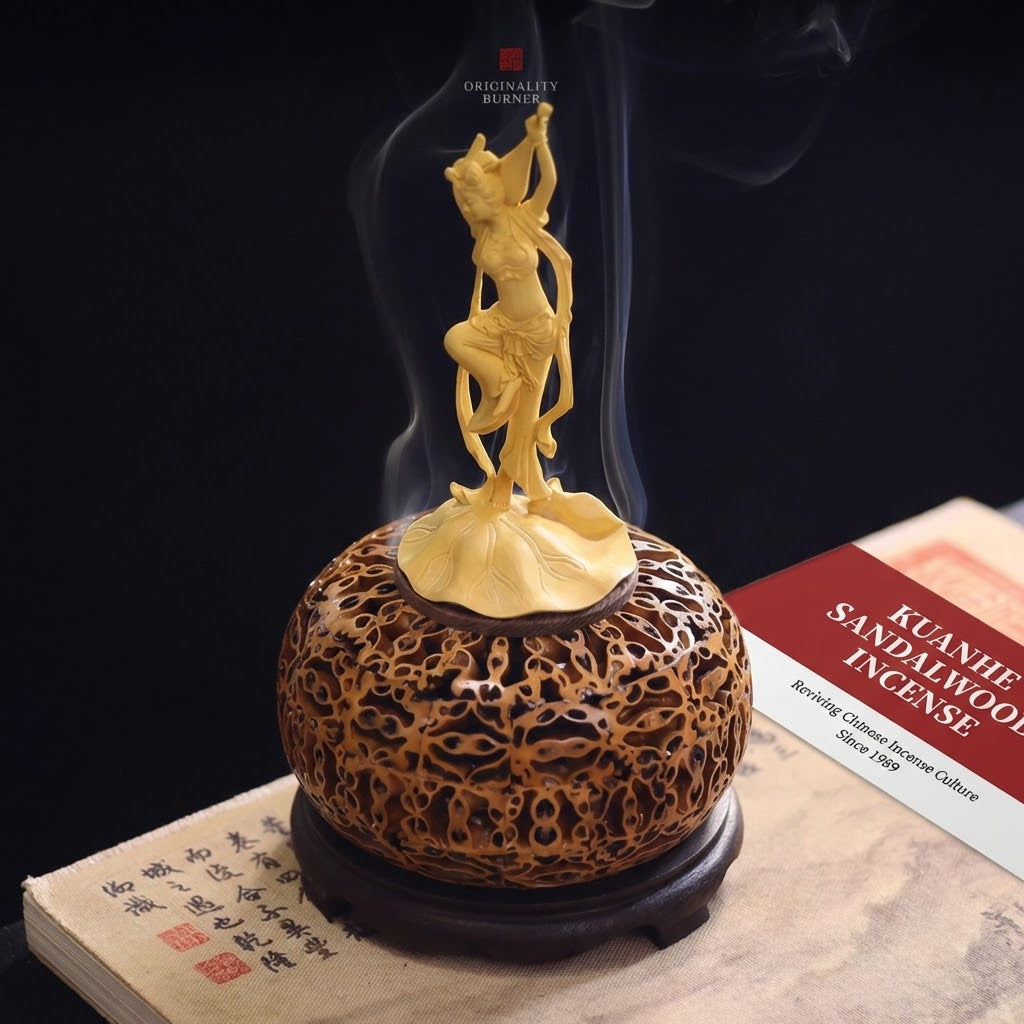 Hand-Carved Walnut & Boxwood Incense Burner | Artisan Aromatherapy Decor