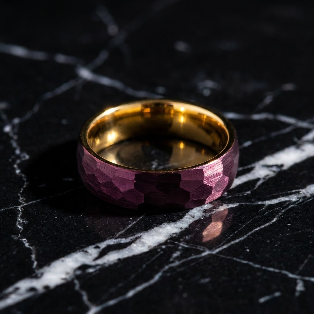 The Crimson Zenith - 6mm Red Hammered Tungsten Ring with Gold Inner Band | Minimalist Men's Statement Ring