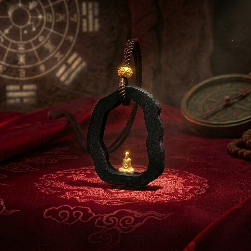 Black stone pendant with golden Buddha, meditation jewelry for mindfulness and peace