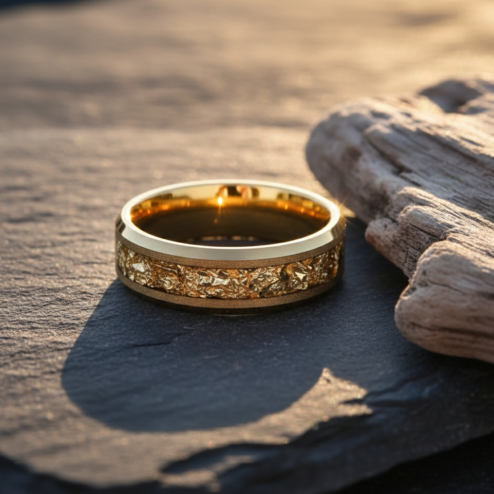 The Golden Zenith - Sandblasted Tungsten Ring with Gold Leaf Inlay