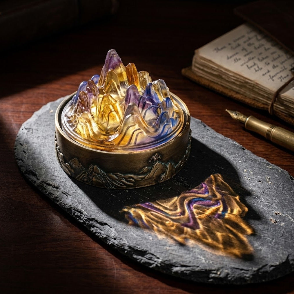 Mountain-shaped incense burner with colorful resin peaks, casting rainbow shadow on slate, for mindful meditation space