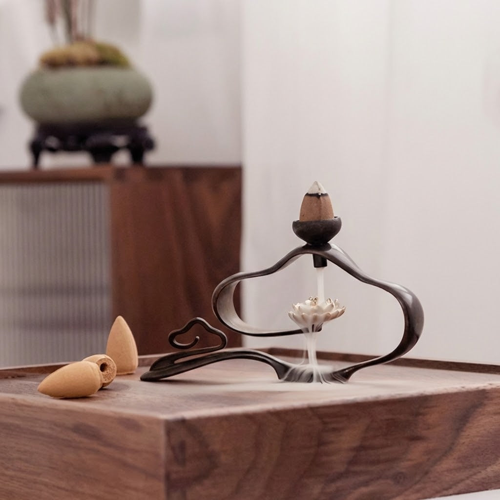 Handcrafted Silver Lotus & Brass Cloud Incense Burner | Zen Aromatherapy
