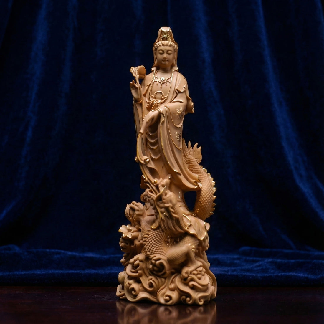 Shaolin Masterwork Series: Rare Boxwood Carving - "The Dragon Goddess" (Guan Yin) (Gold painting)