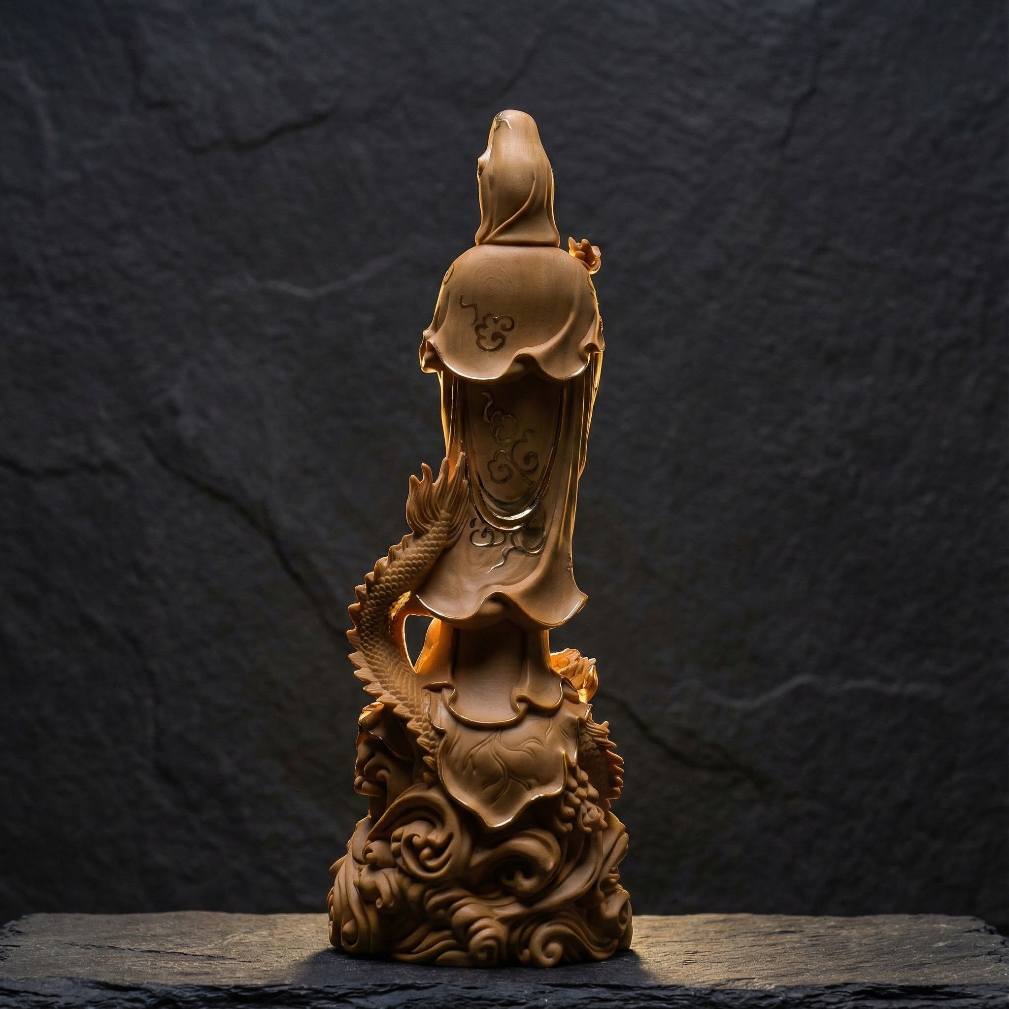Shaolin Masterwork Series: Rare Boxwood Carving - "The Loong Goddess" (Guan Yin) (Gold painting)
