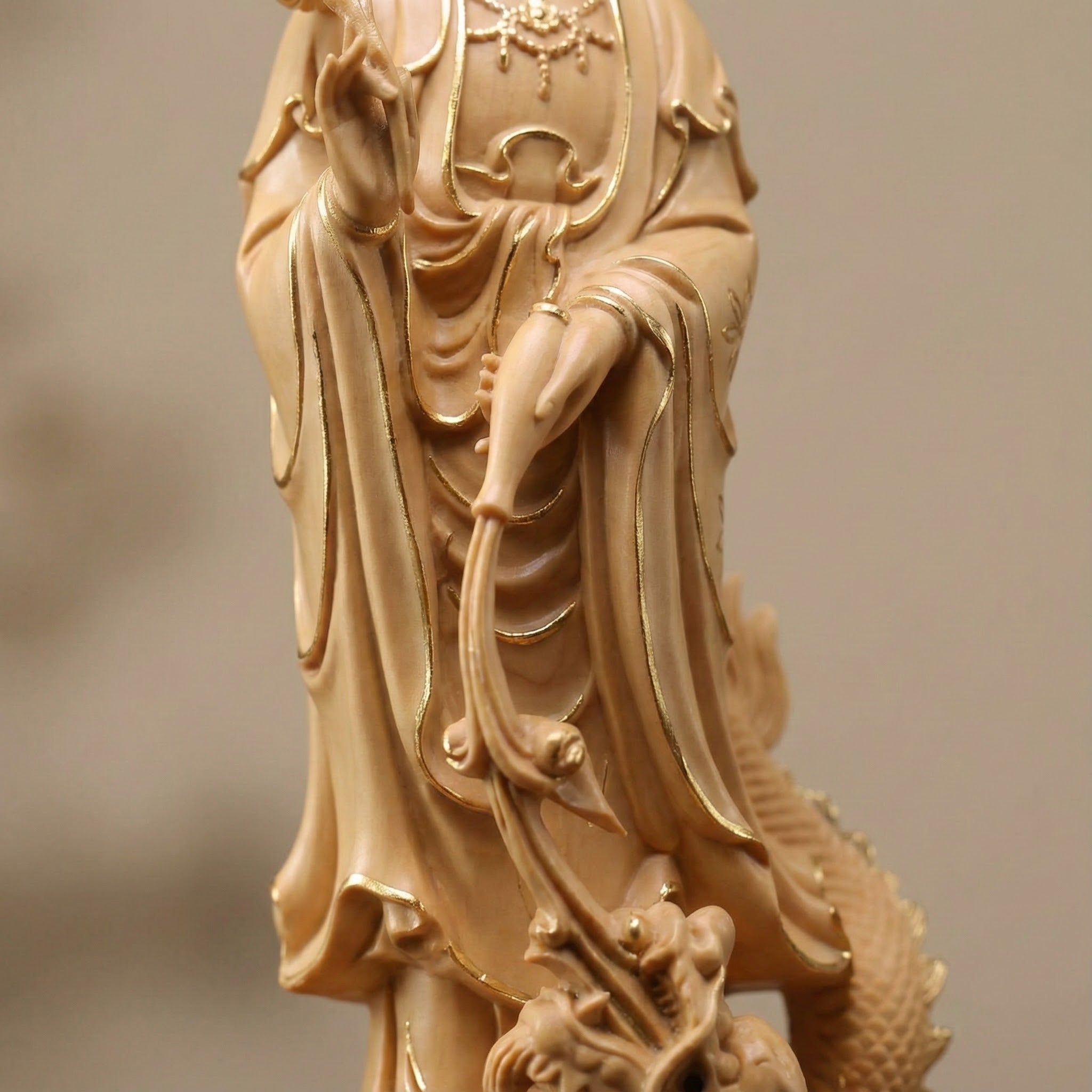 Shaolin Masterwork Series: Rare Boxwood Carving - "The Loong Goddess" (Guan Yin) (Gold painting)